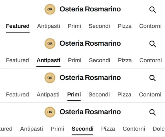 Osteria Rosmarino's published menu on a phone: the name and section tabs pinned above a scrolling list of dishes with photos